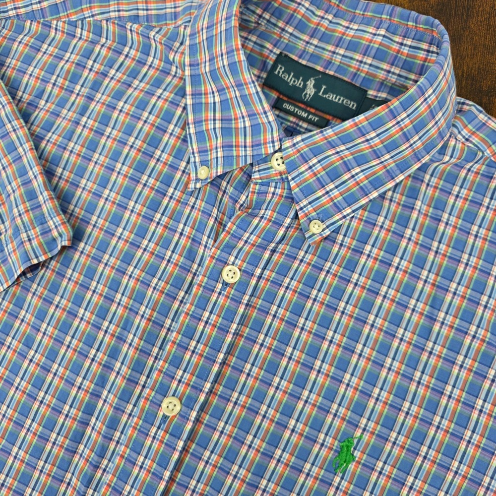 Polo Ralph Lauren Custom Fit Plaid Button Down Shirt Mens L Blue Orange‎ SS